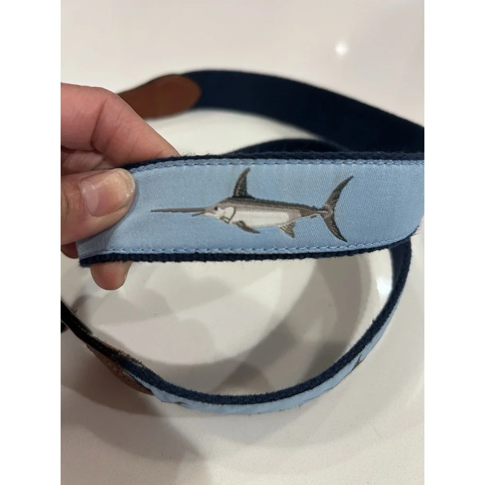 Leather Man LTD Belt Sword Fish Size 38 Blue Hand Made Essex CT Webbed Brass